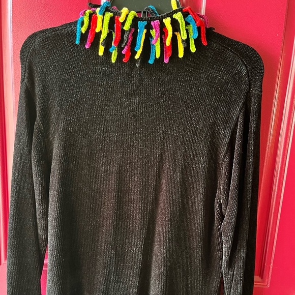 Victoria Harbour Sweater Jacket Full Zip Up Black with Colorful Fringe - Picture 7 of 9